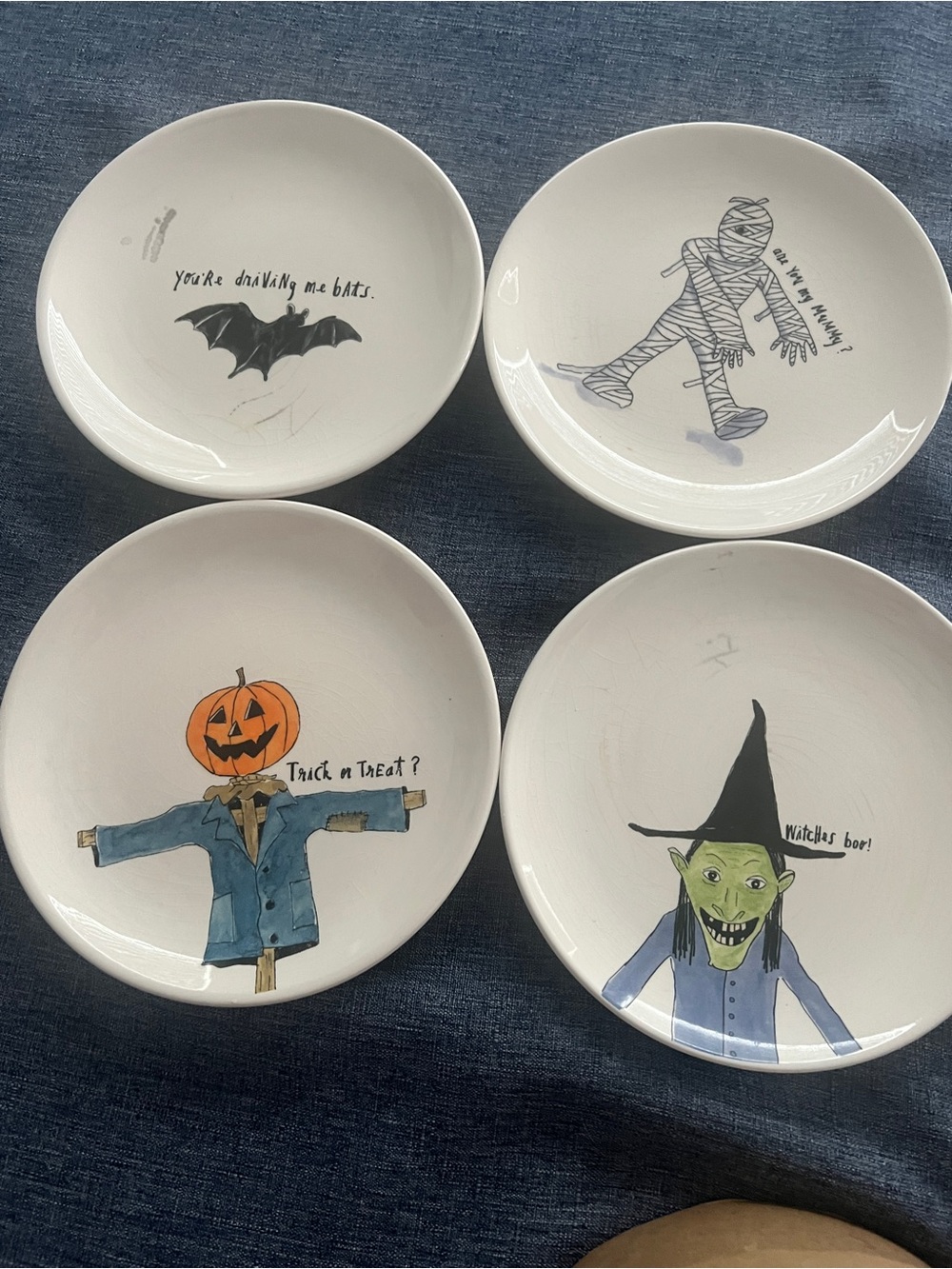 Halloween Character Ceramic Dessert Plates - Set of 4 - White
